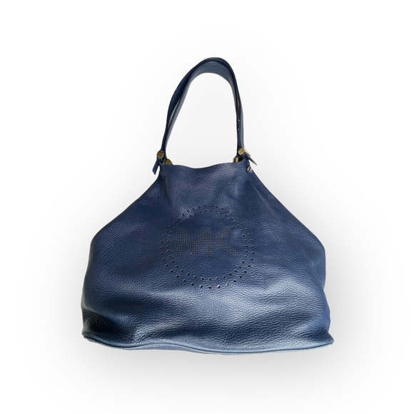 Michael Kors 𖦹 MK Perforated Logo Grab Bag Handbag 𖦹 Navy Pebbled Leather 𖦹 - Picture 15 of 17